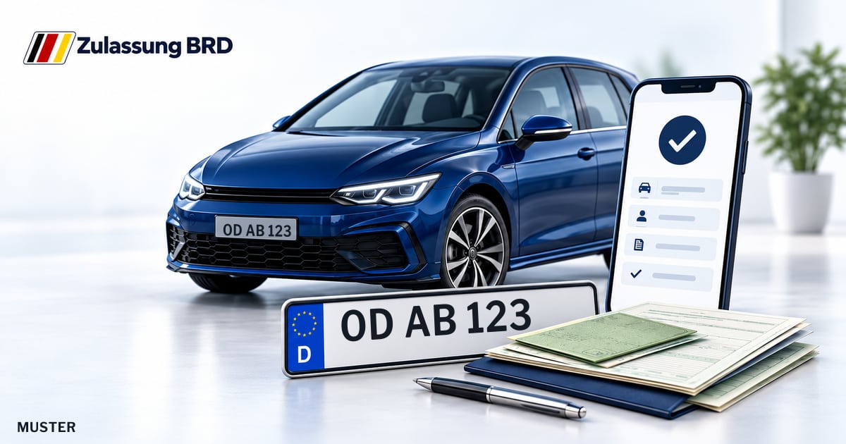 Online Fahrzeugzulassung in Bad Oldesloe: Musterkennzeichen OD AB 123, Auto und Fahrzeugpapiere und Smartphone. Illustration mit Logo von Zulassung BRD.